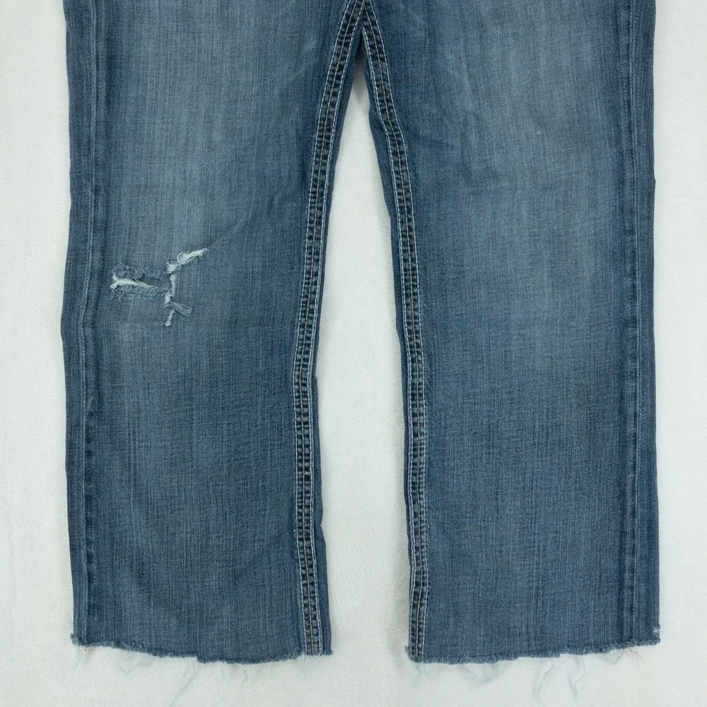 Big Star Pioneer Jeans Mens 33R Blue Distressed Boot Cut Raw Hem Buckle